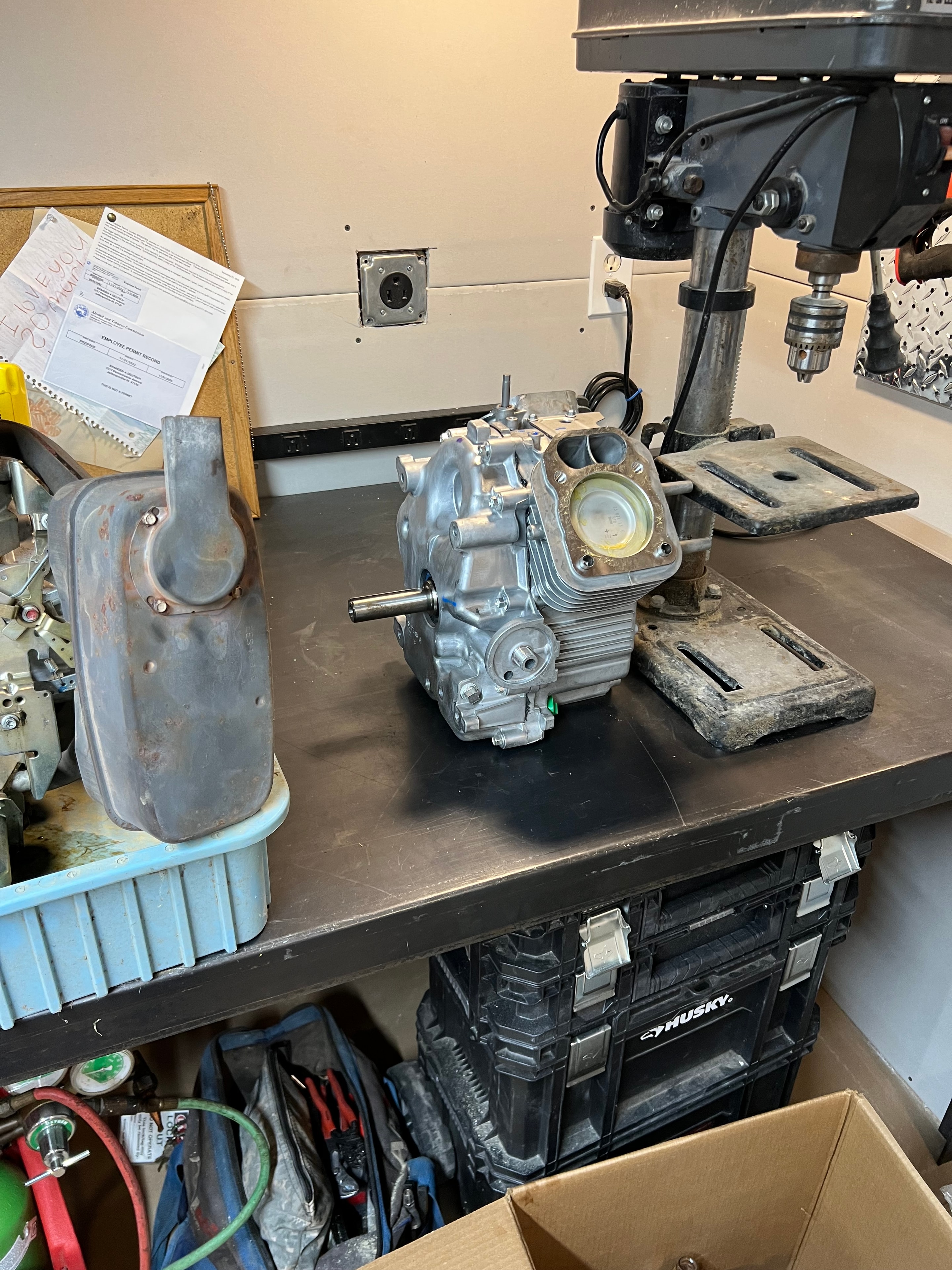 Kohler short block on workbench during engine rebuild